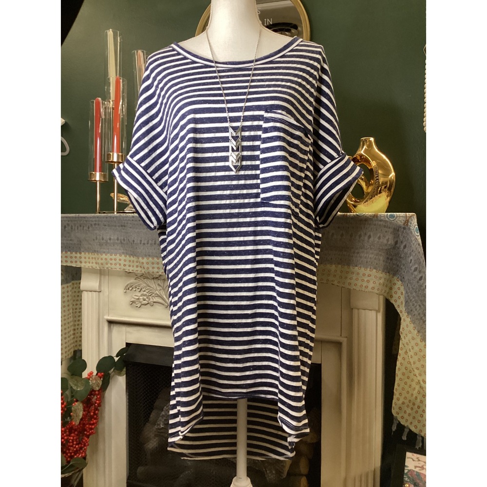 Umgee USA Navy White Striped Tunic Top High Low Dolman Sleeve Small L4073